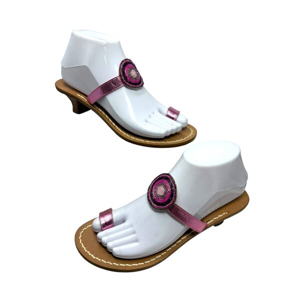 CAPRI SANDALS Violet Metallic Leather Beaded Accent Toe Ring Slides - Picture 6 of 11